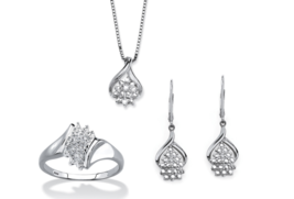 Diamond Accent Cluster Earrings Necklace Ring Set Platinum Sterling Silver - £241.27 GBP