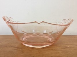 Vtg 1930s Art Deco Pink Depression Glass Etched Floral Motif Bowl Candy Dish 7&quot; - £62.92 GBP