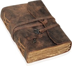 Vintage Leather Journal Antique Handmade Leather Bound journal with deckle edge  - £30.50 GBP