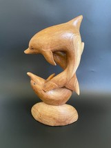 Vintage Large Wood Carving Duo Dolphin Sculpture 13⅝ Statue Light Wood Tone - $45.00