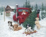 35.5&quot; X 44&quot; Panel Christmas Tree Farm Dogs Red Truck Cotton Fabric Panel... - £12.37 GBP