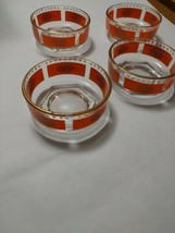 4 Vintage Jeannette Glass Orange &amp; Gold Aztec Sun Chip &amp; Dip Serving Bowls MCM - £35.88 GBP