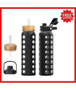 Modern Black Glass Water Bottle with Time Marker &amp; Silicone Sleeve - 32oz - $57.83 CAD