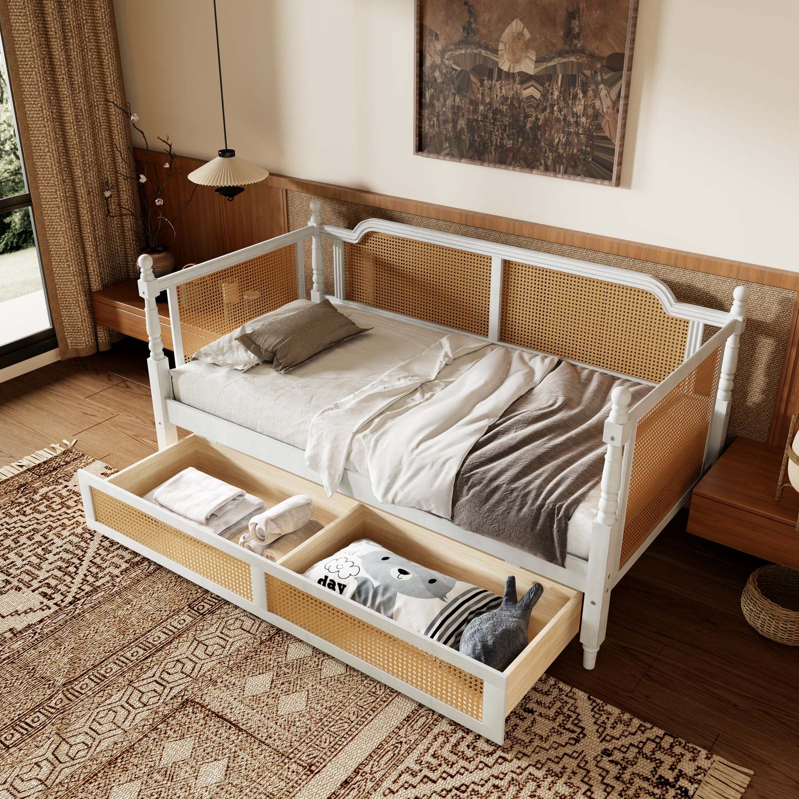 Rattan Twin Daybed with Drawers, Antique White Solid Pine Wood Item image 7