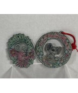 Mouse in wreath- Mouse in poinsettia Christmas ornaments Mice pink and gray - $9.50