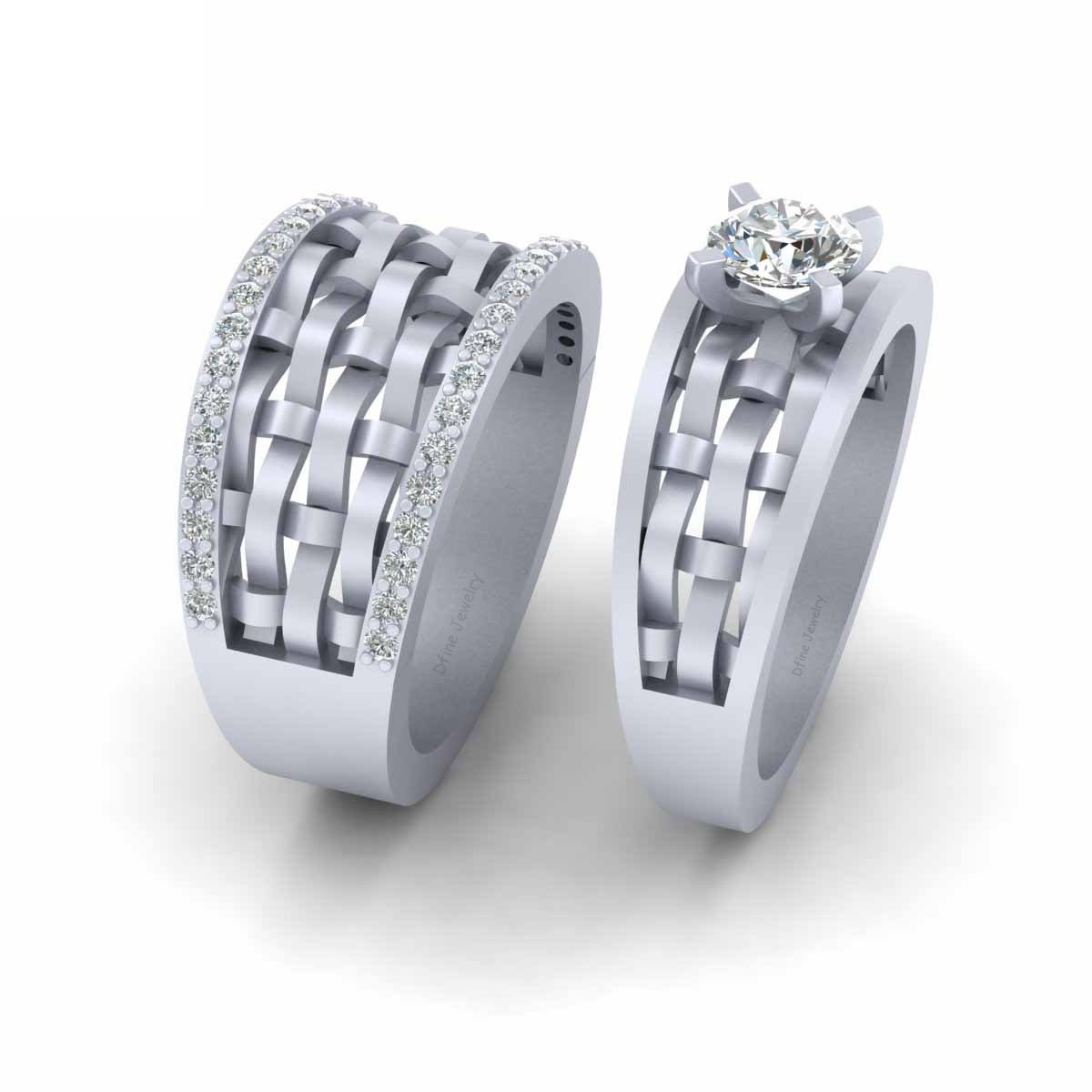 Mesh 2Pc Couple Set His and Her Wedding Band Set Promise Rings For Couples Rings - $3,599.99
