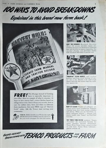 1942 TEXACO PRODUCTS FOR FARM-FARMERS-Harvest Gold-Vintage Print Ad-WWII - $12.23