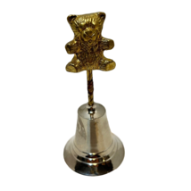Vintage Christmas Chrome Plated Cast Brass Bell With Brass Teddy Bear 4.5&quot; - $10.62
