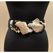 Vintage 3&quot; wide Sea Shell Medallions Braided Rope Macrame Belt Black 46&quot;... - $29.95