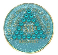 Crystallized AA Medallion Aqua Blue Glitter Tri-Plate Sobriety Chip Year 1 - 50 - £15.21 GBP