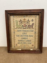 Antique Cross Stitch Completed Frame wood vintage country wall decor sampler oak - £14.93 GBP