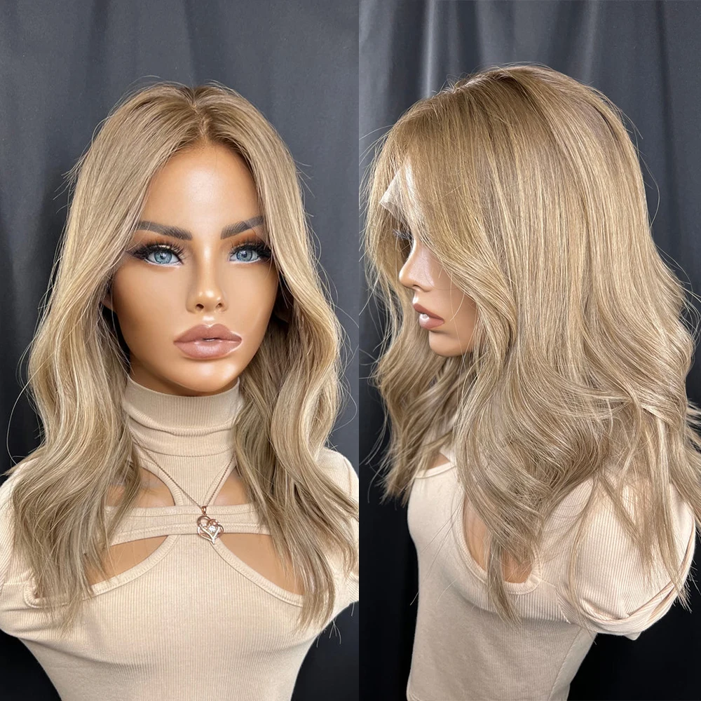 Medium Length Warm Blonde Highlight Lace Front Wig Dark Brown Roots Natural - £153.97 GBP+