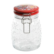 Pioneer Woman Celia Clamp Jar Red Floral Stoneware Lid Embossed Clear Gl... - $26.00