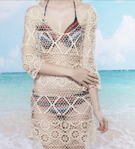 Womens Lace Off white Sheer Swim Coverup  sz M 3/4 Sleeve - £10.50 GBP