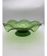 Vtg Compote Hand Blown &amp; Fused Green Glass 4” x 11” Mid-Century Modern S... - $129.99