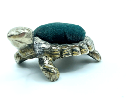 Turtle Pin Cushion Silver Plated Sewing 3inch Needle Holder Green Cushion - £30.82 GBP