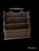 Wood Book Magazine Rack Vintage  Hand Carved 3 Section Wooden Storage - £76.75 GBP