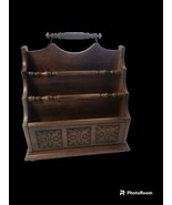 Wood Book Magazine Rack Vintage  Hand Carved 3 Section Wooden Storage - £76.66 GBP
