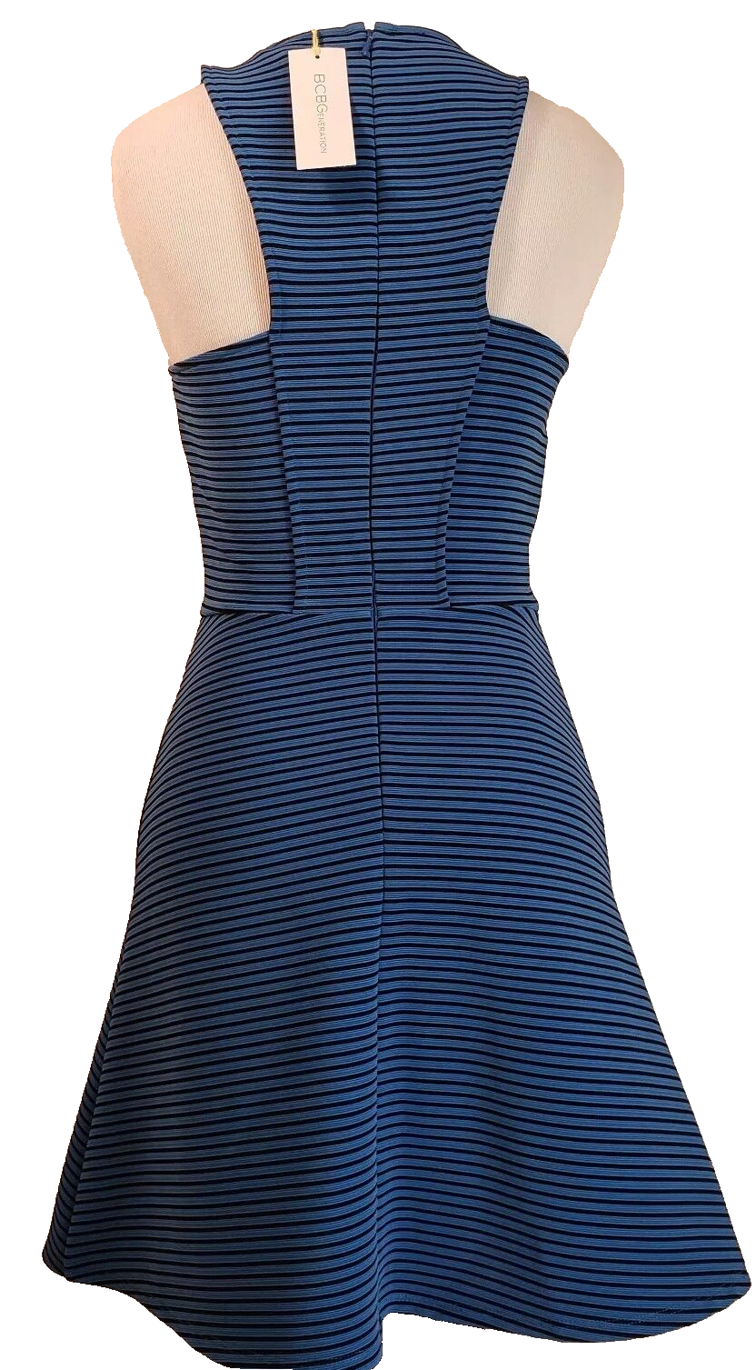 BCBGeneration Skater Dress Womens XS Sleeveless Blue Sapphire Stripe Fit & Flare Item image 2