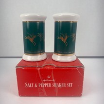 Hallmark Christmas Green Gold Reindeer Salt Pepper Shakers 1989 1980s RE... - $8.79