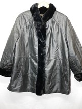 Vintage Women&#39;s Leather Leathercraft Process Black Faux Fur Lined Coat Jacket - £50.98 GBP