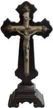 Antique Crucifix Cross Religious Black Metal Wood - £117.18 GBP