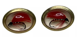 Vintage Anson Red Fly Fishing Lure Hook Oval Lucite Men&#39;s Gold Tone Cufflinks - £16.80 GBP