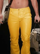 Men&#39;s Leather Pant Real Lambskin Yellow Jeans Motorcycle Stylish Formal ... - $112.80+