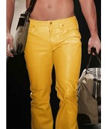 Men&#39;s Leather Pant Real Lambskin Yellow Jeans Motorcycle Stylish Formal ... - $158.23 CAD+