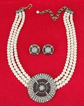 Heidi Daus Pave Crystals Belgium Disc 3 Strand Faux Pearl Necklace &amp; Earring Set - £109.61 GBP