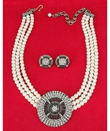 Heidi Daus Pave Crystals Belgium Disc 3 Strand Faux Pearl Necklace &amp; Ear... - £106.15 GBP