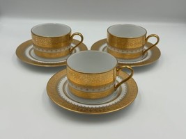 Set Of 3 Faberge Imperial Heritage Gold &amp; White Cups And Saucers - £355.56 GBP