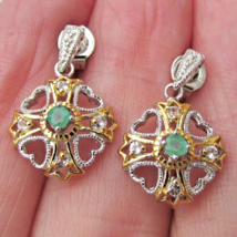 Vintage Sterling Silver Vermeil EMERALD Dangle Pierced Heart Filigree Ea... - $24.74