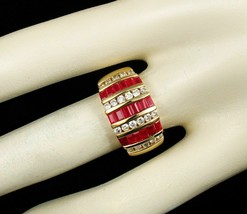 3.50Ct Emerald Cut Red Ruby &amp; Diamond 14k Yellow Gold Over Cluster Wedding Ring - £83.87 GBP