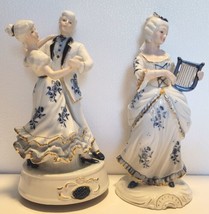 Vtg Victorian Dancing Porcelain Musical Figurine Music Box Otagiri Blue &amp; LADY - £43.14 GBP