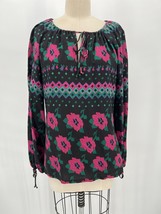 Vintage Elyse Fashions Peasant Blouse Black Pink Green Floral Print - $27.44