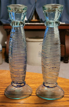 Set of 2 Blue Clear Glass Vases Pretty Ribbed Swirl Summer Spring Candle... - $15.99