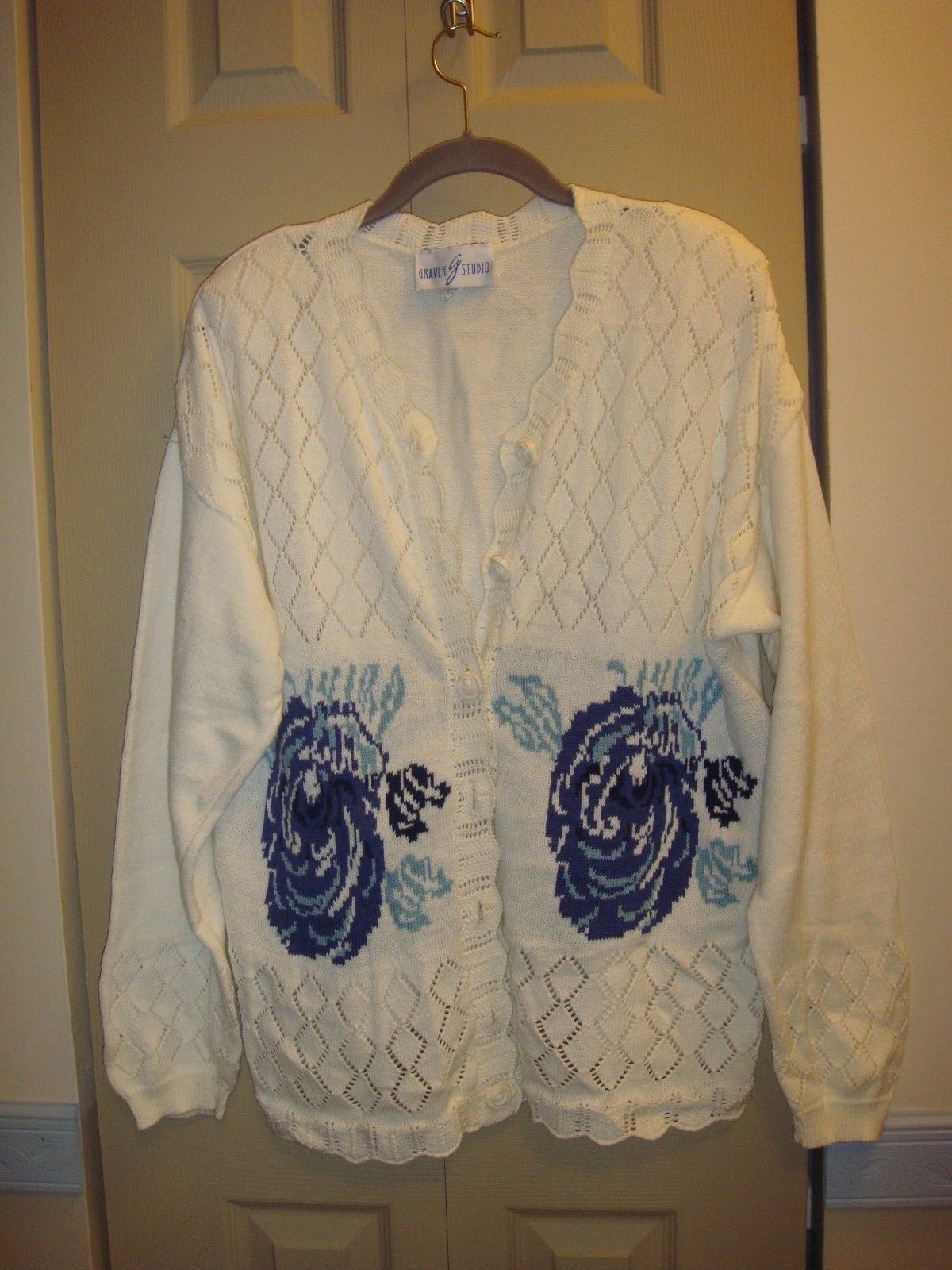 Susan Graver Ivory Cardigan Sweater With Blue Flowers Size L  - $15.99