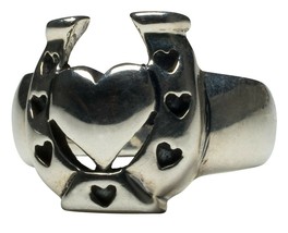 Lucky &#39;n&#39; Love Horseshoe Heart Rockabilly Fine Sterling Silver Ring Femme Metale - £102.26 GBP