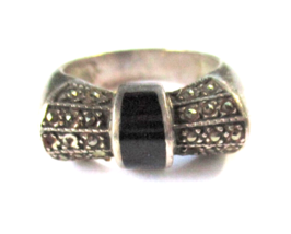 Onyx and Marcasite Bow Band Ring Size 6 Signed ND 925 Sterling Silver Vintage - £19.06 GBP