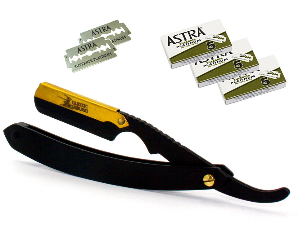 Men&#39;s Shaving Cut Throat Golden Head Straight Razor Barber Salon + 15 Astra - $16.45