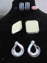 ""3 Pair Clip On Earrings"" - Blue Half Hoop, Cream Squares, Silvertone Twist - £6.99 GBP
