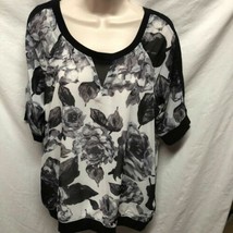 NY Collection Womens Sz L Scoop Neck Black Floral Top Knit Lace on Trim  - £7.77 GBP