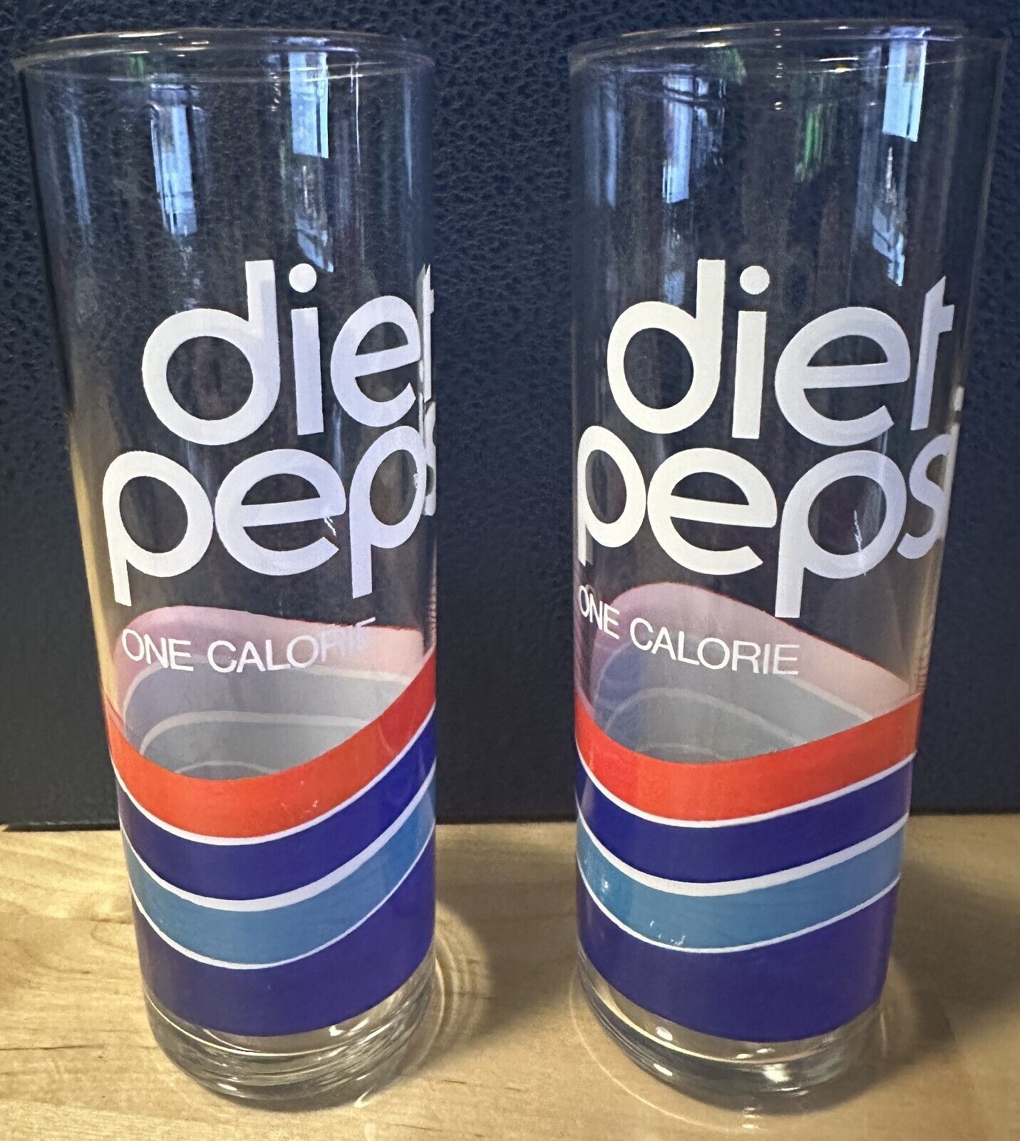 Primary image for 2 Vintage 1980’s Diet Pepsi One Calorie Tall Skinny Drinking Glasses - Soda Pop