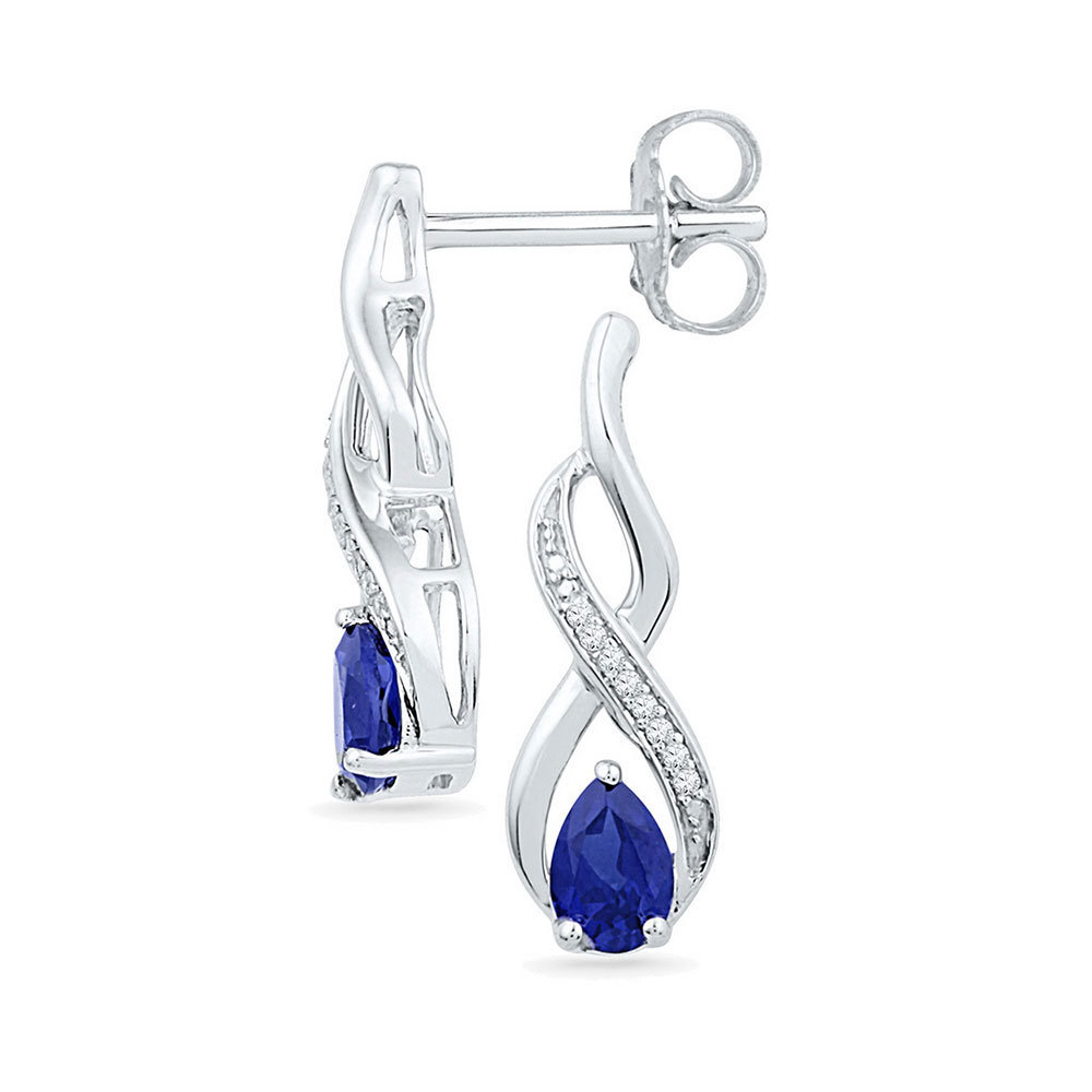 Sterling Silver Womens Pear Lab-Created Blue Sapphire Diamond Stud Earrings - £63.71 GBP