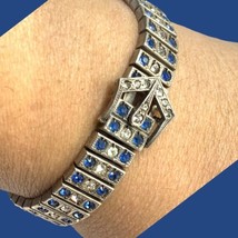 Signed Antique Art Deco Payco Sterling Silver Rhinestone Buckle Bracelet 7.25” - £138.26 GBP