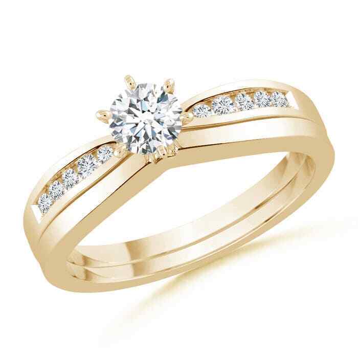 ANGARA Solitaire Round Diamond Wedding Ring Set with Plain Band in 14K Gold - $1,785.52