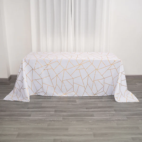 White - 90&quot;x132&quot; Rectangle Polyester Tablecloth Gold Foil Geometric - £39.99 GBP