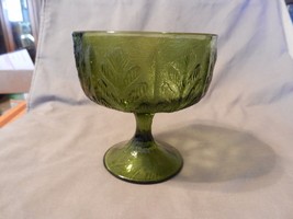 Vintage Green Glass Chalice or Footed Candy Dish with Leaves Design (M) - $40.00