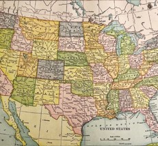 Continental US Map Lithograph 1909 Hammond Art Print United States LGADMap - £32.41 GBP